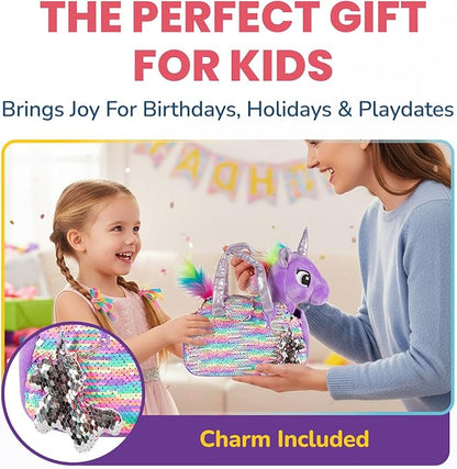 Little Jupiter Plush Pet Set - Unicorn Toys - Unicorns Gifts for Girls - Stuffed Animal for Kids - Unicorns - Plush Toy - w/Reversible Sequins & Charm (Purple Rainbow Unicorn) Age 4-5 - 6-7 yr