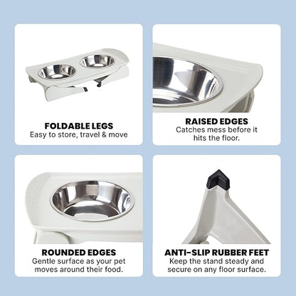 MalsiPree Elevated Dog Bowls for Small Dogs and Cats - 6.5" Raised Feeding Station with Spill-Proof Tray - Foldable Dog Bowl Stand with 2 Stainless Steel Bowls - Modern Scandinavian Pet Feeder, White