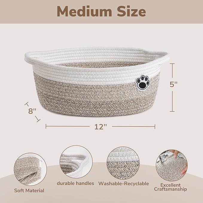 Dog Toy Basket Small Gift Basket for Baby, Woven Storage Baskets for Dog Cat, Nursery Storage Baskets for Diapers, Towels, 12"x 8" x 5" Mixed-Brown