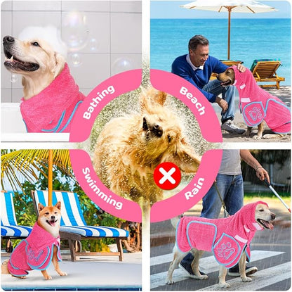 SlowTon Dog Bathrobe Towel - Super Absorbent Microfiber Pet Quick Drying Towel, Wearable Soft Bath Robes for After Bath Shower Swim Wet Walk, Adjustable for Small Middle Large Dogs (Pink, 3XL)