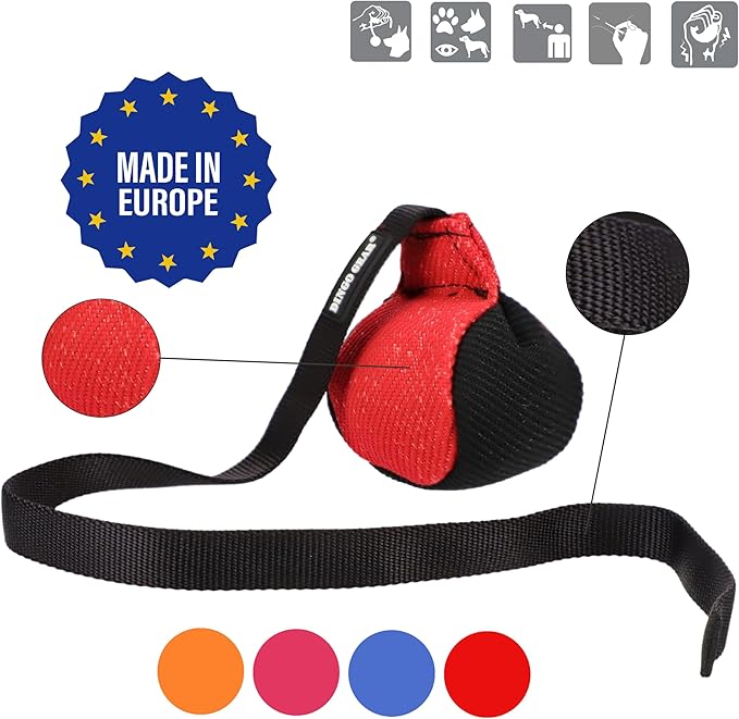 Dingo Gear French Linen Ball for Dog Training, as Reward for Fetch tug of war, with Long Handle, Handmade, red-Black S02813