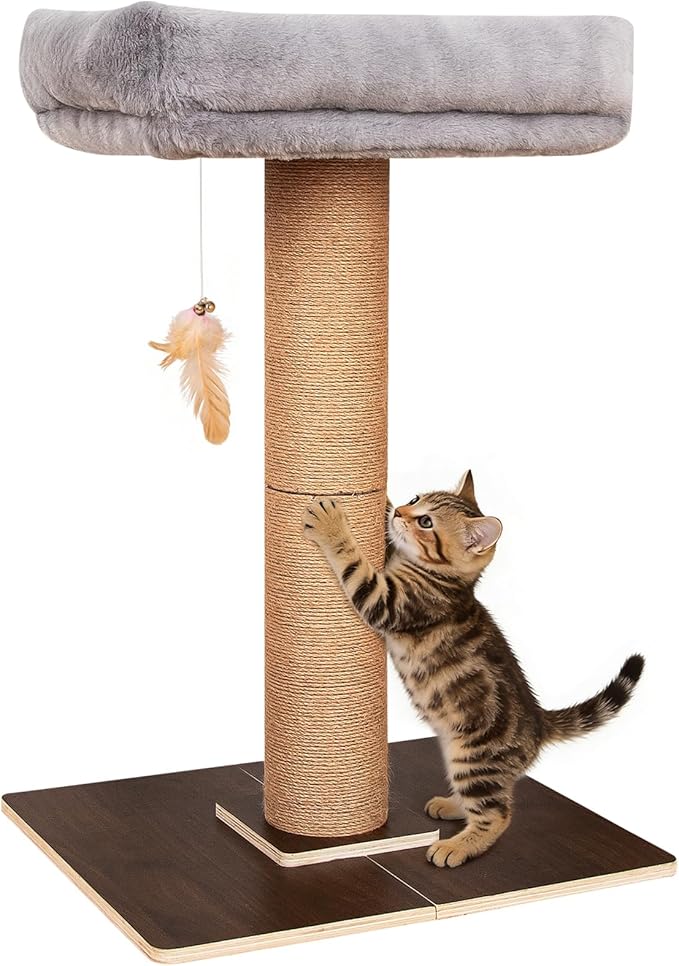 Cat Scratching Post, Retro-Style Tall Cat Scratcher Tower with Removable Gray Fluffy Cusion Perch, Natural Pine & Sisal Cat Scratcher for Indoor Cats, Large