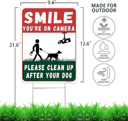 Clean UP After Your Dog Signs, 2-Pack 12.6"x 9.4" Double-Sided H-Stake Metal Stakes Smile Your on Camera Signs, Corrugated Plastic