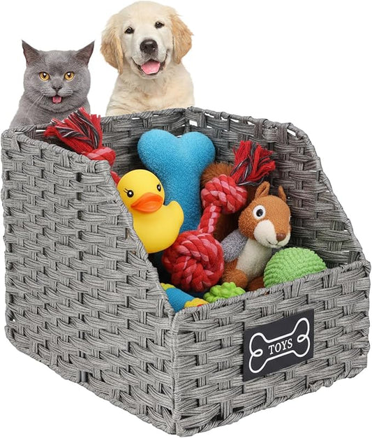 Dog Toy Basket Large Foldable Portable Rattan Dog Toy Storage Organizer for Living Room Bedroom Entryway Floor Corner Pet Toys Basket with Label, Dogs Toys Bin for Cats, Dogs and Pets-Grey