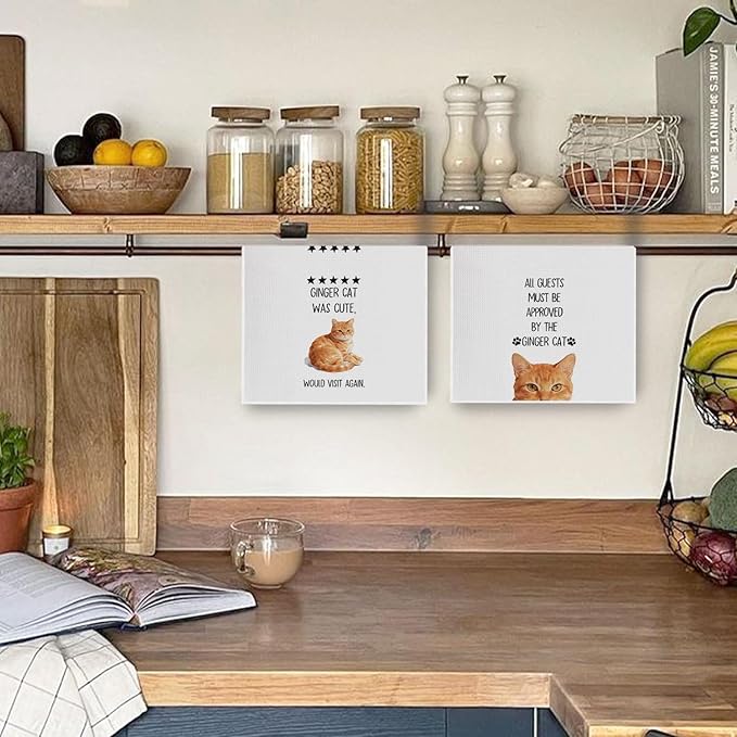 Orange Cat Kitchen Towels - Orange Tabby Cat Decorative Waffle Dish Towels, Ginger Cute Kitten Hand Towel for Mom Women, Kitty Pet Tea Towel for Kitchen, 16x24 Inch Set of 2