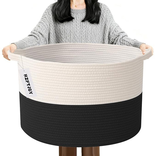 90L Large Blanket Basket,21.7"L x 21.7"W x 13.8"H Rope Woven Baskets with Handles, Toys Storage Bins,Laundry Basket Perfect for Living Room, Nursery,Bedroom,Home Organization,White&Black