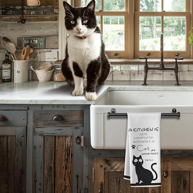 Cat Kitchen Towels - Quick-Dry 'Essential Kitchen Companion' Hand Cloth, Decorative Hand Towel Featuring Upward-Looking Black Feline Art for Pet Moms & Devotees | Home Accent & Crazy Cat Lady Gifts