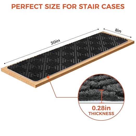BAGAIL 15 Pack Non-Slip Stair Treads for Wooden Steps, 8"x30" Peel and Stick Carpet Stair Runners, Machine Washable Indoor Step Covers with No-Residue Adhesive for Dogs, Kids & Elderly - Black