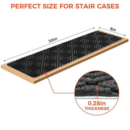 BAGAIL 15 Pack Non-Slip Stair Treads for Wooden Steps, 8"x30" Peel and Stick Carpet Stair Runners, Machine Washable Indoor Step Covers with No-Residue Adhesive for Dogs, Kids & Elderly - Black