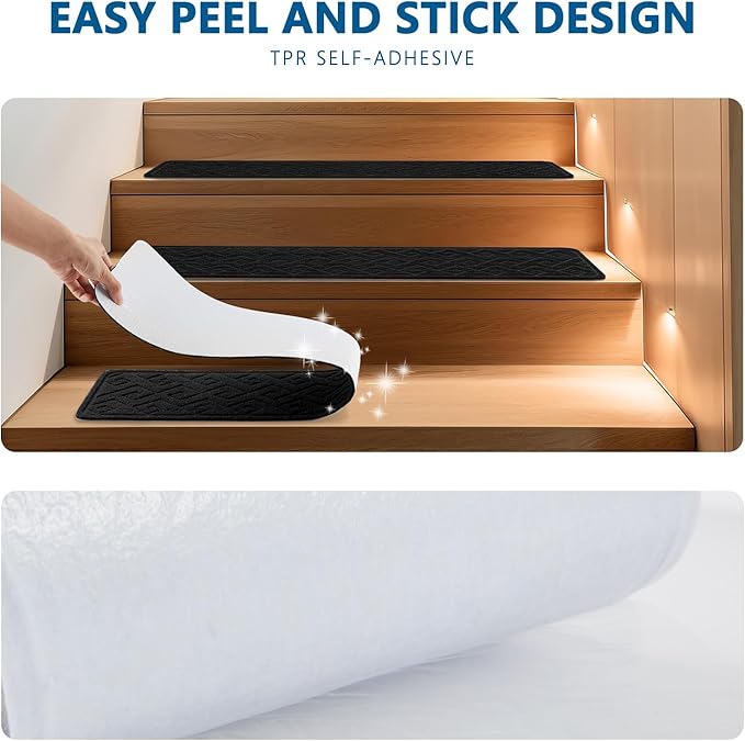 Stair Treads for Wooden Steps Indoor, 15 Pack 8" X 30" Non Slip Carpet Stair Treads with Reusable Adhesive for Kids Elders and Dogs, Surface Polyester TPR Backing Stair Rugs