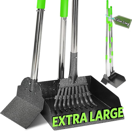 T2Y 48.8" Extra Long Handle Dog Pooper Scooper 3-Piece Set, Heavy Duty Metal Poop Rake, Tray and Spade for Large Dogs, Stainless Steel Pet Waste Remover & Garden Scoop for Yard/Grass/Dirt/Gravel