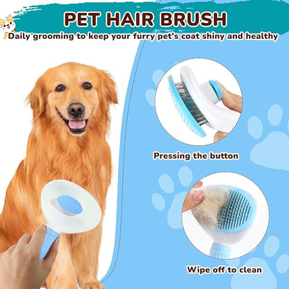 Dog Brush Grooming Kit 10pcs for Shedding, Pet Grooming Kit, Self-Cleaning Slicker Brush, Dematting Rake, Nail Clipper/Trimmer for Dogs,Cats,Rabbits& Small Animals