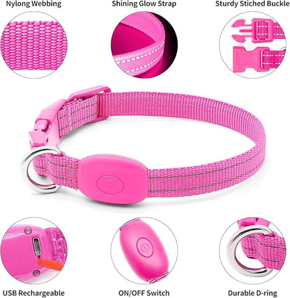 Illumifun LED Dog Collar, USB Rechargeable Light Up Collars, Adjustable Safety Collar Light for Small Dogs Cats Glow in The Dark (Pink, X-Small)