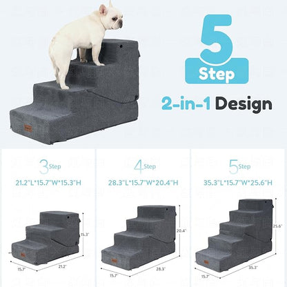 5-Step Dog Stairs and Ramp for Small Dogs and Cats, Pet Steps for High Bed with Non-Slip Bottom, Grey