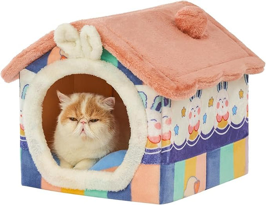 JIUPETY Cute Cat Beds for Indoor Cats, Foldable Cat House with Non-Slip Bottom, S Size Kitten Bed for 0-6 Lb Dogs and 0-8 Lb Cats, Rainbow