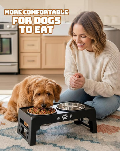Elevated Dog Bowls for Small Dogs and Cats, Dog Feeder with 2 Thick 5.5" Stainless Steel Dishes, Non-Slip 2 Heights Adjustable to 2.6"-5.3"