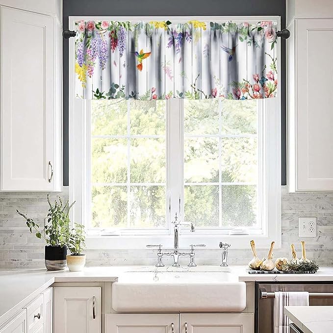 Vintage Flower Hummingbird Window Valance Curtains, Boho Watercolor Spring Bird Lavender Pink Floral Plant Valance Curtain for Farmhouse Bedroom Living Room Kitchen 54x18inch