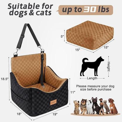 JOEJOY Elevated Dog Car Seat for Small/Medium Dogs up to 35 lbs, Memory Foam Booster Seat with Detachable Washable Cover, Travel-Safe Car Bed with Safety Belts & Storage Pockets, Brown