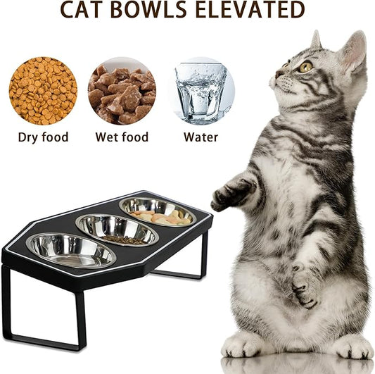 Gothic Cat Food Bowls Elevated, Raised Cat Bowls for Indoor, Non-Slip Stand & Wood Board, Stainless Steel and Whisker Friendly Food Bowls (Cat Bowl*3)