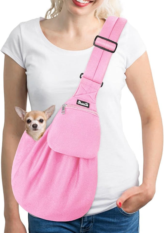 SlowTon Dog Carrier Sling - Thick Padded Shoulder Strap Adjustable Dog Carriers for Small Dogs, Puppy Carrier Purse for Pet Cat with Front Zipper Pocket Safety Belt Machine Washable (PI, S)