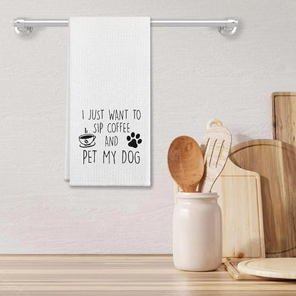 I Just Want To Sip Coffee Pet My Dog Kitchen Towels & Tea Towels,Dish Cloth Flour Sack Hand Towel for Farmhouse Kitchen Decor,24 X 16 Inches Cotton Dish Towels Dishcloths,Dog Lovers Coffee Lover Gifts