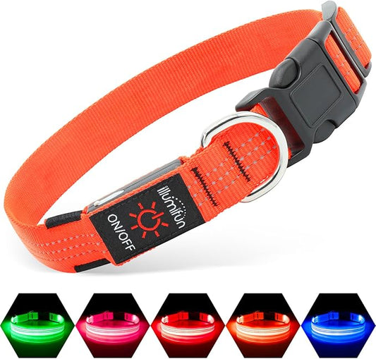 Illumifun Light Up Dog Collar USB Rechargeable LED Dog Collar, Adjustable Blinking Dog Light for Large Dogs (OrangeⅢ, Large)