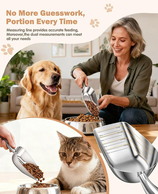 Stainless Steel Cat-Dog Food-Scoop Measuring 1-Cup, Pet Food Scoop with Measuring Lines For Dogs, Cats, And Kitchen Use, Dishwasher Safe