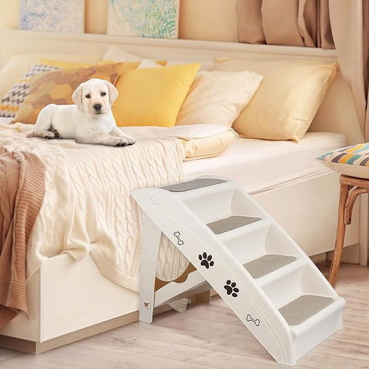 LEMY Non-Slip Foldable Steps Stairs for Dogs and Cats, 4-Step Portable Indoor Outdoor Pet Steps Ramp for Bed, Couch, Car, Tan