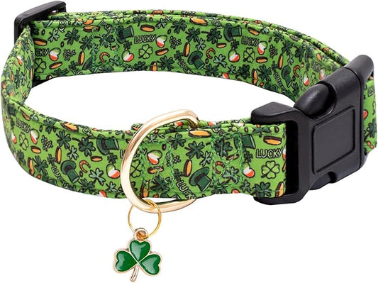 Faygarsle St Patrick's Day Dog Collar Cute Holiday Collar for Small Medium Large Dogs Green Trefoil Print Lucky Straw Cotton Dog Collar S
