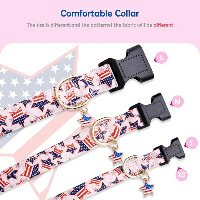 Faygarsle Cotton Dogs Collar Cute 4th of July Independence Day Dog Collars Pink Blue American Flag Star Patterns Dog Collarfor Girl Female Boy Male Small Medium Large Dogs M