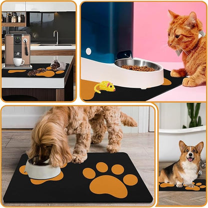 Dog Food Mats for Floors Absorbent, Cat Food Mat - Pet Cat Feeding Mat Quick Dry, Dog Bowl Mats for Water, Pet Supplies Feeding Placemat 12" x 20" Footprints Orange