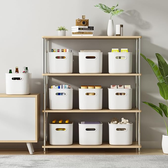 8 Pack White Storage Bins with Lids Stackable Storage Container for Organizing, Storage Boxes with Handle for Shelves, Cute Storage Bin for Craft, Snacks, 9.85x6.9x5.7 inch