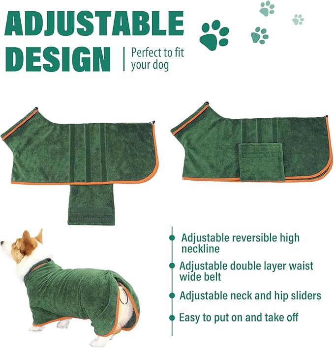 Dog Drying Coat - Fast Drying Dog Towel Robe - Microfiber Super Absorbent Pet Bathrobe, Adjustable Collar & Belly Strap Coat Pet Bath Robe Towel (Medium, Green)