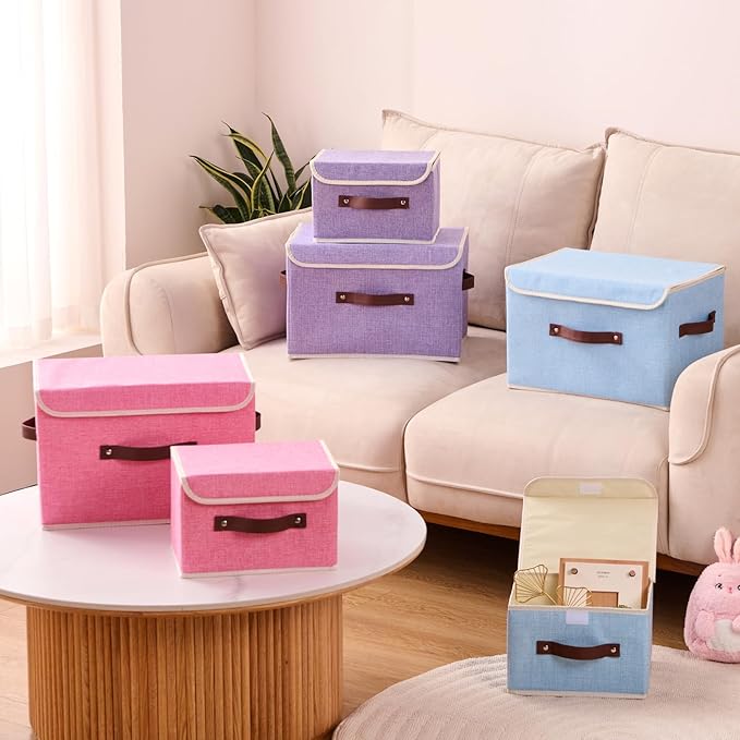 2PCS Storage Boxes with Lid Cotton Linen Fabric Storage Bins Organizer Container Decorative Collapsible Washable Shelf Closet Baskets Faux Leather Handles Home Bedroom (Light Blue, Large)