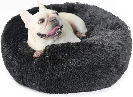 Calming Donut Dogs Beds for Small Dogs Washable,23inch Plush Round Pet Bed for Cozy Sleep,Fluffy Faux Fur Large Cat Bed,Fits up to 25 lbs Pets,Black