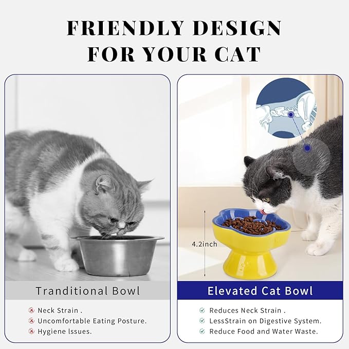 S&Q's CERAMICS Raised Slow Feeder Cat Bowl, Ceramic Elevated and Titled Pet Food Bowl, Small Dogs Slow Feeder, Flower Shaped Dish for Dry and Wet Food (Blue, 5.8")