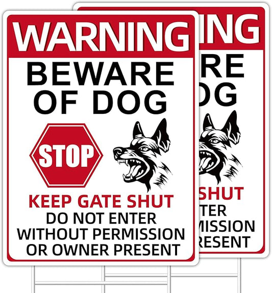 Beware of Dog Signs, 2 Pack 13"x10" Double-Sided Signs, Corrugated Plastic, H-Stake Metal Stakes, Dog Signs for Yard, Garden and Yard Wall Decor, Beware of Dog Signs for Fence