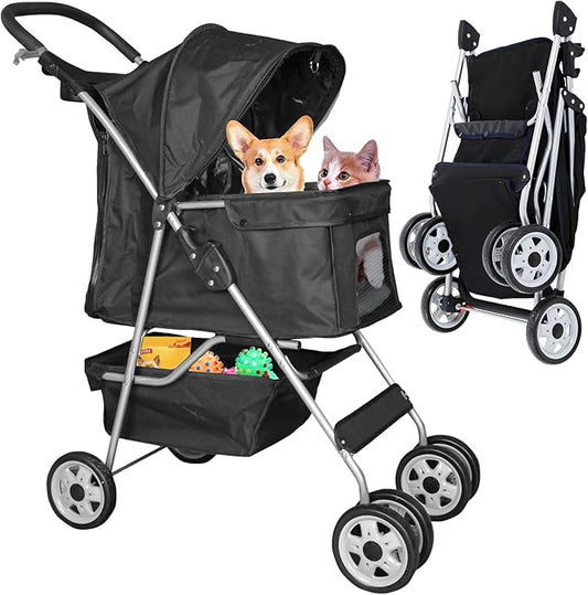 Best 4 Wheels Pet Stroller for Dog & Cat, Lightweight and Foldable Dog Jogger Stroller W/Cup Holders for Small & Medium Pets - Black