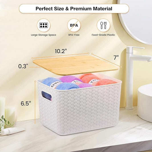 4 Packs Storage Bins with Bamboo Lids - Plastic Storage Containers with Lids Stackable Storage Box：Storages Baskets for Organizing Desktop Closet Playroom Classroom Office,White