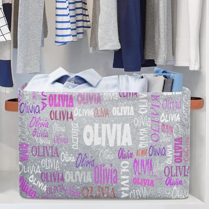 Custom Name Storage Bin, Personalized Rectangular Storage Basket with Handles for Organizing Boys Girls Toys Office Closet Shelf Baskets, Silver Glitters Print