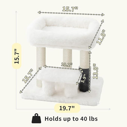 Heybly Cat Scratching Post, Small Cat Tree Tower with 3 Full Sisal Posts, Removable Plush Bed, Grooming Brush, Stable & Space-Saving Cat Furniture with Gentle Step for Indoor Cats, White HSP001SWH