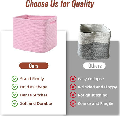 3 Pack Cube Storage Bin, 9”x9”x7” Cotton Rope Woven Baskets for Organizing Toys Clothes Towels, Square Gift Storage Baskets for Shelves, Nursery, Closet, Bathroom, Pantry (Pink)