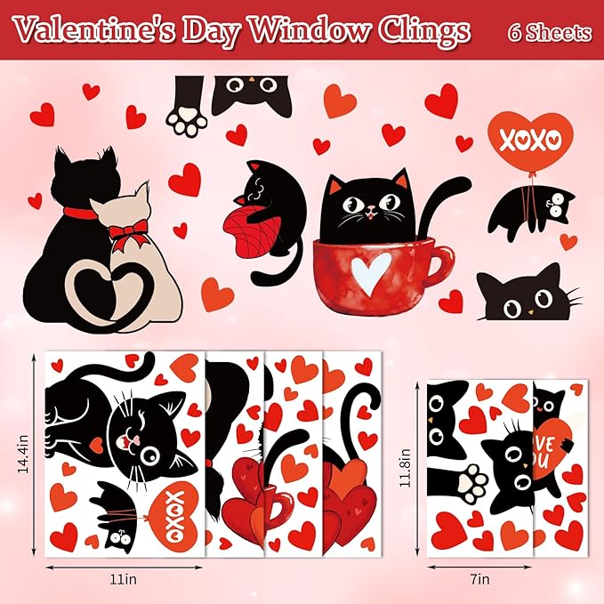 Whaline 6 Sheets Valentine' s Day Window Clings Window Decal Black Cat Red Love Heart Reusable Anti-Collision Windows Decor for Wedding Anniversary Home Party Supplies