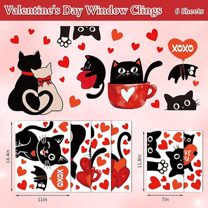 Whaline 6 Sheets Valentine' s Day Window Clings Window Decal Black Cat Red Love Heart Reusable Anti-Collision Windows Decor for Wedding Anniversary Home Party Supplies