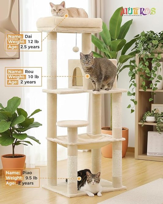 MUTTROS Cat Tree for Large Cats Adult with Metal Plush Big Hammock, 56.3" Cat Tower with 2 Door Condo House, 6-Tier Cat Shelves with Scratching Posts and Large Top Perch, Beige