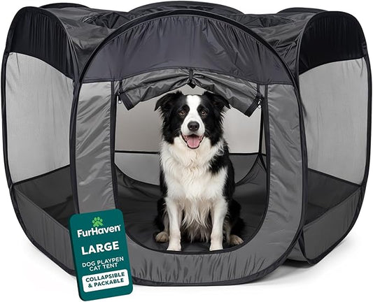 FurHaven Portable Pet Playpen for Dogs & Cats, Foldable Indoor Kitten Playpen with Mesh Sides, Pop Up Travel Dog Pen, Large, Gray