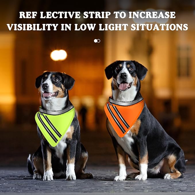2 Pcs Reflective Dog Bandana with Neon Orange Green Color High Visibility Reflective Dog Scarf Safety Gear Hook and Loop Tape Triangle Bib Accessories for Hunting Walking Camping