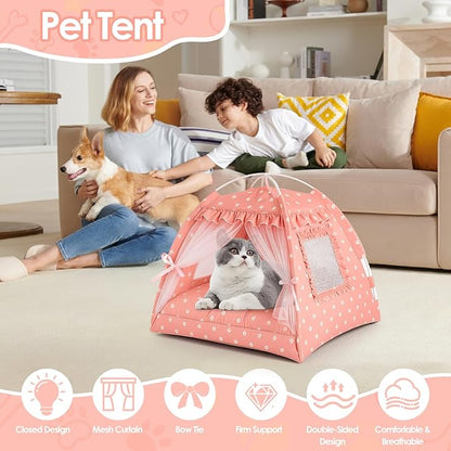 Cat Tent, Pink Cat Tents for Indoor Cats, Foldable Cats Teepee with Lace Mesh Breathable Windows, Portable Pet Tent for Small Pussy Dogs up to 5.5lbs(13.8 X 13.8in) (Pink, S)