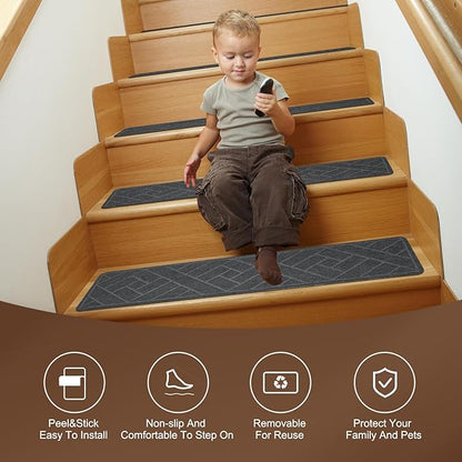 15 Pack 8 "X 30" Non-Slip Carpet Stair Treads for Indoor Wooden Steps, Made of Polyester and Reusable Adhesive, Suitable for Kids Elders and Pets（Grey Lines）