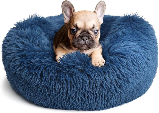 Calming Donut Dogs Beds for Small Dogs Washable,19inch Fluffy Round Puppy Bed for Puppies,Cats & Toy Breeds with Raised Rim,Fits up to 15 lbs Pets,Navy Blue